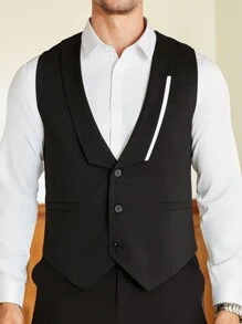 Manfinity Mode Men's Business Attire, Featuring A Formal And Elegant Style With A Classic Black Suit Vest. The Vest Showcases An Asymmetrical White Color-Block Design On The Front Lapel, Adding A Stylish Touch And Enhancing Sophistication. It Makes An Excellent Gift Idea For Boyfriends Or Husbands And Is Suitable For Daily Commuting, Banquets, And Other Formal Occasions. Prom Suits For Men Wedding Outfit For Men Wedding Suits For Men