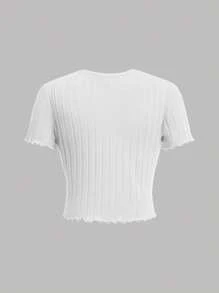 SHEIN 3-Pack Tween Girls Casual Versatile Comfy Knit Textured Soft Stretch Crew Neck Short Sleeve Tops, Suitable For Everyday Wear, Spring & Summer - Multicolor - View 4