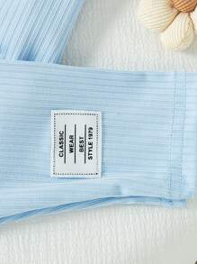 SHEIN Vintaside Kids Baby Girl Flowers Printed Ribbed Round Neck Sweatshirt And Ribbed Leggings 2pcs Set, Comfortable And Fashionable, Autumn/Winter - Blue - View 4