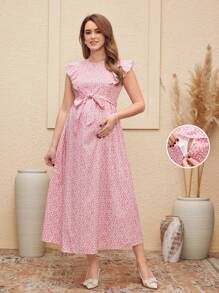 SHEIN Vestido de lactancia informal rosa con mangas de casquillo y estampado floral diminuto para embarazo - Rosa - Ver 1