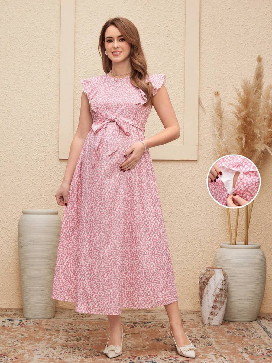 SHEIN Vestido de lactancia informal rosa con mangas de casquillo y estampado floral diminuto para embarazo - Rosa - Ver 1