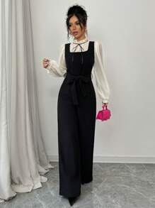 SHEIN PETITE Bộ đồ liền thân ống đứng cạp cao màu tương phản thanh lịch dành cho nữ kèm áo sơ mi 2 món - màu đen - Xem 7