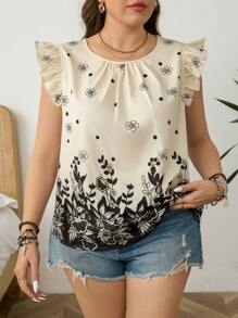 SHEIN LUNE 加大码女式花卉印花盖袖衬衫通勤简约复古钱色衬衫，浪漫优雅，度假装女士夏季服装女士夏季上衣 - 杏色 - 查看 5