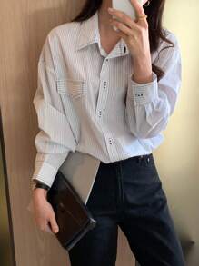 DAZY 女式条纹长袖休闲工作衬衫，秋季女装 - 藍色 - 查看 5