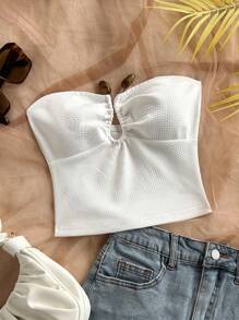 Soleia Top curto com decote em U e malha colorida, texturizado, de malha jacquard, feminino, justo e elegante, adequado para festas, encontros de dia dos namorados, chá da tarde, passeios urbanos - Branco - Ver 1