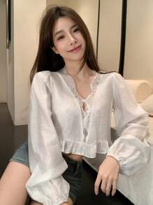 DAZY V-Neck Loose Lace Ruffle Patchwork Long Sleeve Blouse For Women Linen - White - View 4