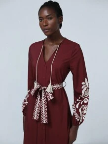 Aveloria Modichic Elegant Bohemian V-Neck Tassel Tied Retro Printed Dress, Long Sleeve Casual Vacation Dress For Women Fall Cloth For Women - Redwood - View 7