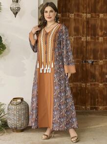 Al Najma Plus Size V-Neck Digital Printing Tassel Dress, Elegant Arabic Style - Multicolor - View 6
