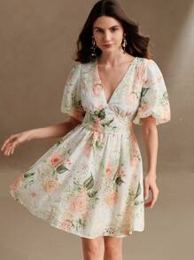 Anewsta Women's Elegant Embroidered Rose Floral V-Neck Dress, Boho, Beach Vacation, Spring/Summer Outfit