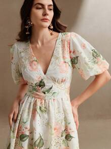 Anewsta Women's Elegant Embroidered Rose Floral V-Neck Dress, Boho, Beach Vacation, Spring/Summer Outfit