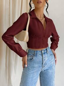 SHEIN Privé Casual Solid Color Criss Cross Tie Front Cropped Shirt - Burgundy - View 5