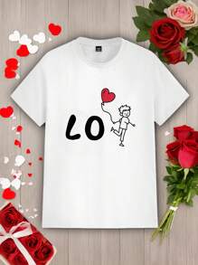 Manfinity Homme Camiseta blanca de manga corta ajustada con estampado de elementos de pareja de dibujos animados casual para el Día de San Valentín, adecuada como regalo para el novio