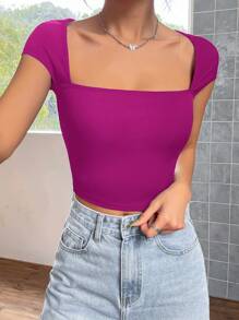 Muchica Camiseta corta negra de punto acanalado con cuello cuadrado estilo ballet