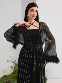 Modelyn 2 件套女士优雅派对亮片网眼流苏装饰喇叭袖长外套和露背连衣裙套装 - 黑色 - 查看 1