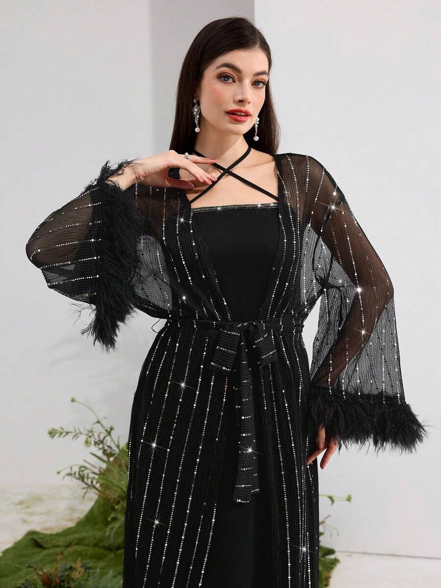 Modelyn 2 件套女士优雅派对亮片网眼流苏装饰喇叭袖长外套和露背连衣裙套装 - 黑色 - 查看 1