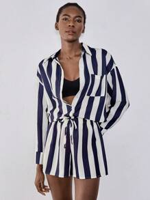 Chiquease Relaxed Holiday Style Blue Striped Shirt Top And Wide Leg Casual Pants Set, Blue & White Striped Shirt Loose Casual Shorts Set With Elastic Waist For Autumn Fall Cloth For Women