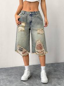 SHEIN ICON 女式做旧低腰洗水破洞牛仔裤 - 中等水洗藍 - 查看 6