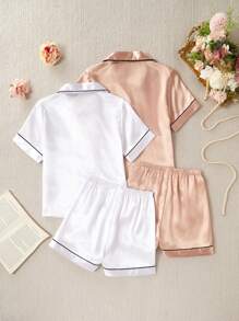 4pcs Tween Girl Casual Solid Color V-Neck Shirt , Short Sleeve Top, And Shorts Loungewear Set, Comfortable Satin - Multicolor - View 2