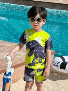 SHEIN 3 Piece Young Boys Boys Casual Sports Swimsuit With Dinosaur Pattern Kids Outfits Young Boy Clothes Back To School Boys Set Suitable For Outdoor Swimming Suitable For Daily Use Suitable For School Suitable For Travel Suitable For Sports Suitable For Spring, Summer, Autumn And Winter Seasons