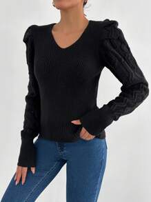 SHEIN Cottnline V-Neck Solid Color Puff Sleeve Knit Pullover Sweater - Black - View 3