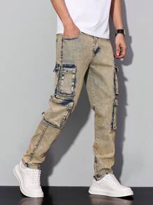 Manfinity Roughcore Men's Casual Washed Distressed Cargo Jeans - Light Wash - View 4