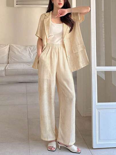 DAZY Women Solid Color Short Sleeve Jacket And Pants Suit Set Business Attire