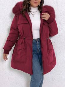 Calvaya Plus Size Solid Color Drawstring Waist Faux Fur Hooded Winter Jacket - Red - View 1