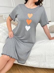 3pcs Plus Size T-Shirt Nightgown With Heart Print, Casual