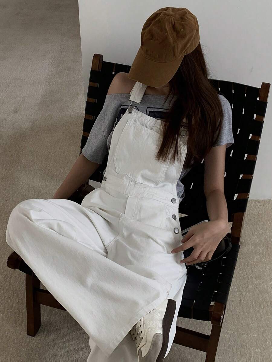 DAZY Women's Wide Leg Loose Denim Bib Overalls With Pockets Fall,Winter - White - View 1