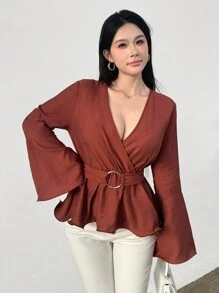 Modelyn Áo cánh tay chuông màu trơn thanh lịch dành cho nữ - Gỗ đỏ - Xem 6