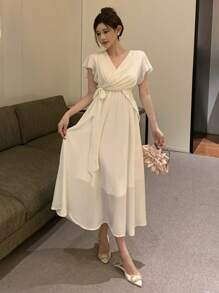 DAZY Women's Cross Fold Ruched Waist Mid-Length Dress Prom Dress Elegant Women Dresses Maxi Dress - Beige - View 1