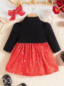 SHEIN Baby Girl Cute Fireworks Letter Graphic Turtleneck Bubble Sleeve Dress With Bow Decor & Headband, Suitable For Outdoor, Valentine's Day Outfit - Red - View 2