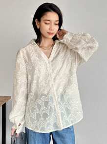 FRIFUL Women's Loose Fit Long Lace Embroidered Blouse Shirt