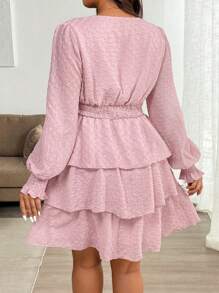 Vionelle 大码女式 V 领 A 字形灯笼袖褶皱迷你连衣裙，蛋糕般的设计，带有分层荷叶边，褶皱纹理面料情人节 - 粉色 - 查看 2