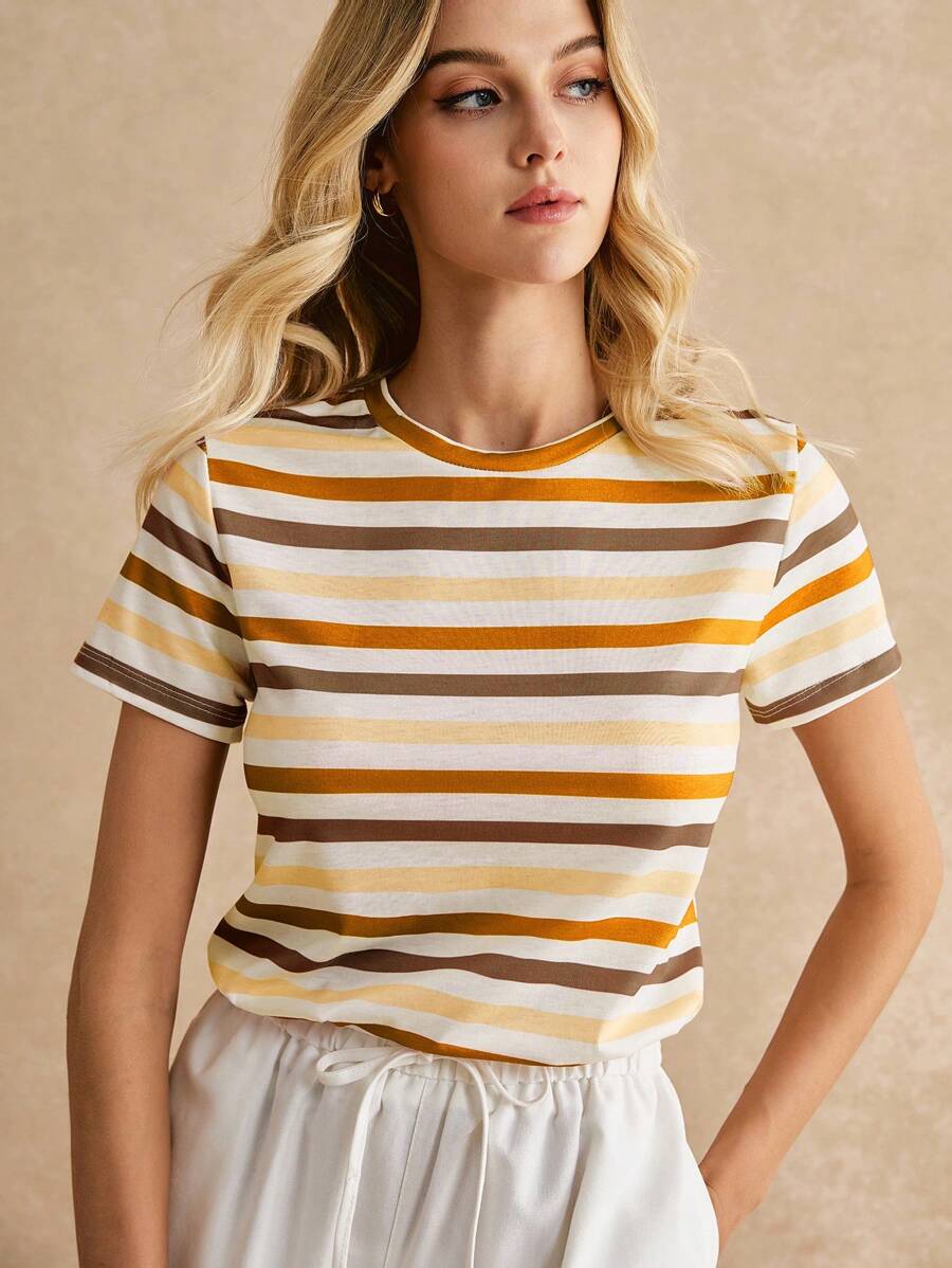 Poéselle Women's Striped Print Crew Neck Short Sleeve Casual T-Shirt