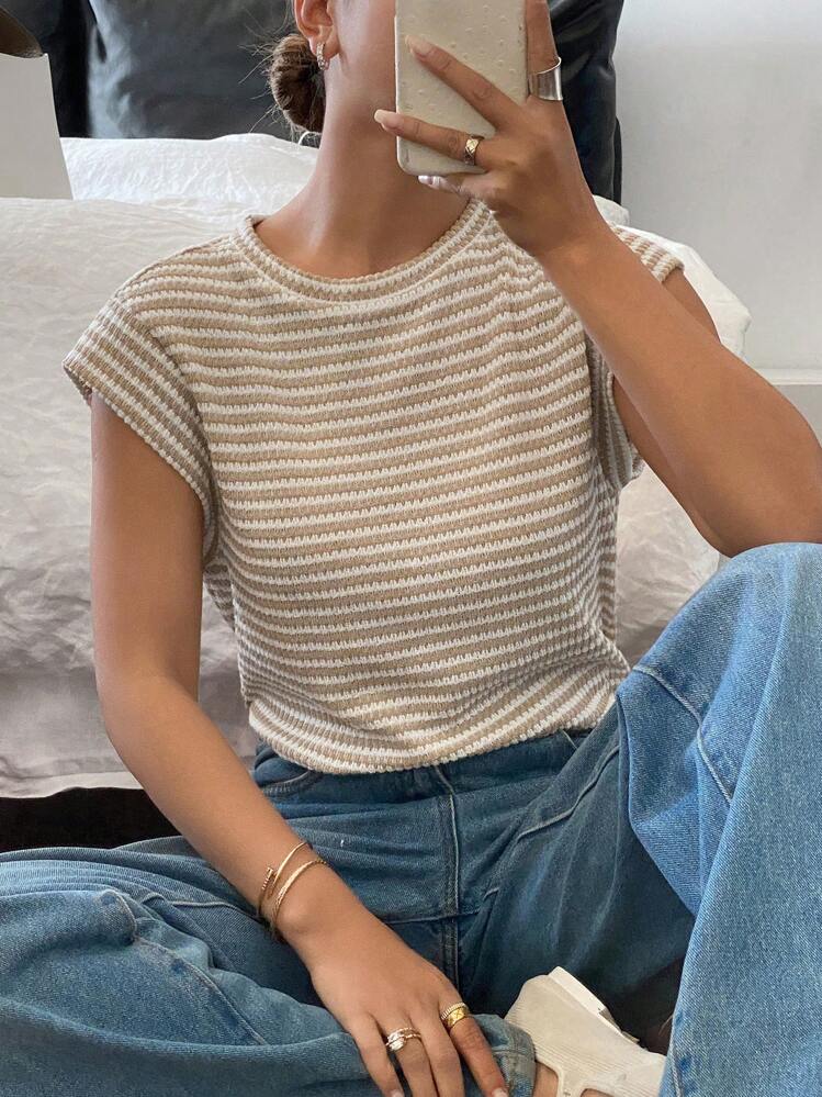 Siren Gaze Women Striped Round Neck Short Sleeve Casual T-Shirt Summer - Apricot - View 4