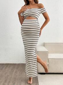 SHEIN Off-Shoulder Hollow Striped Maternity Dress, For Vacation & Commuting
