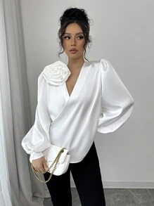 Elenzga 花卉贴花褶饰灯笼袖衬衫 - 白色 - 查看 8