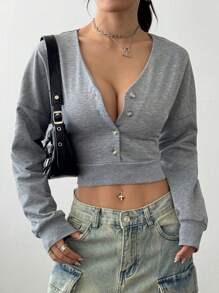 Flirla Lässiger, vielseitiger einfarbiger V-Ausschnitt Knopf Pullover Herbst Sweatshirt