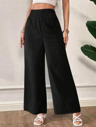 SHEIN Essnce Pantalones anchos de cintura alta, sueltos y casuales en color albaricoque para mujer de talla grande, ropa de mujer de otoño e invierno, prendas de mujer inferiores