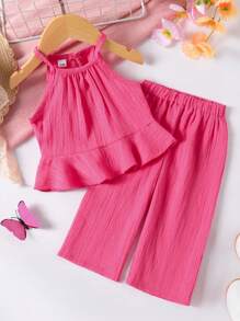 2pcs Baby Girl Fashionable Minimalist Round Neck Sleeveless A-Line Top And Wide Leg Pants Set, Spring & Summer - Hot Pink - View 1