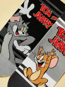 TOM & JERRY X SHEIN 2 pares de calcetines de media pierna suaves, transpirables y antideslizantes de color block de moda, con refuerzo en el dedo del pie y el talón, resistentes al desgaste, unisex en negro y azul, para todas las temporadas