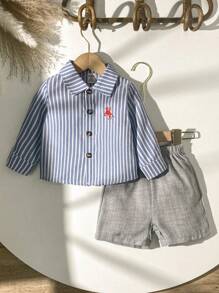Souflis Souflis 2pcs Baby Boy Sets, Casual Minimal Vertical Striped Embroidered Collar Shirt And Solid Color Shorts, Blue And Gray Combination, Minimalist Style Suitable For Outdoor Play, Home Leisure, Sports, Spring, Summer, Autumn