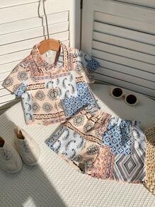 2 Pieces Baby Boys Casual Cute Geometric Pattern Lapel Short Sleeve Shirts, Suitable For Spring/Summer Indoor & Outdoor Wear