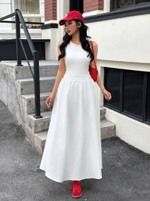 SHEIN Teen Girl Minimalist Sleeveless White Tank Dress, Cinched Waist French Design Long Dress, Suitable For Various Occasions Like Casual Outings, Campus Life And Gatherings, Showing Different Stylish Charm