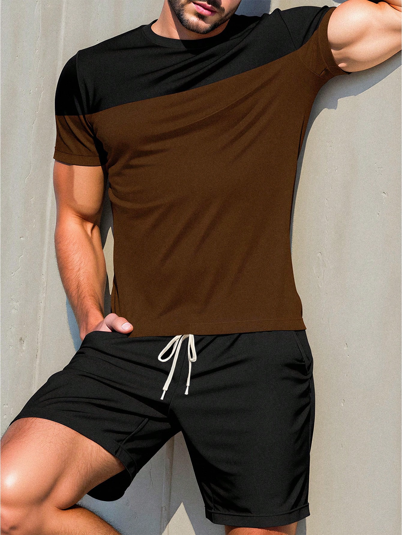 Manfinity Dauomo Men's Casual Colorblock Patchwork Short Sleeve T-Shirt And Shorts Set