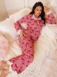 Bộ đồ ngủ sọc đỏ nhiều màu nơ dễ thương cho nữ, phong cách Ins, cho ngày lễ tình nhân - Nhiều màu - Xem 5