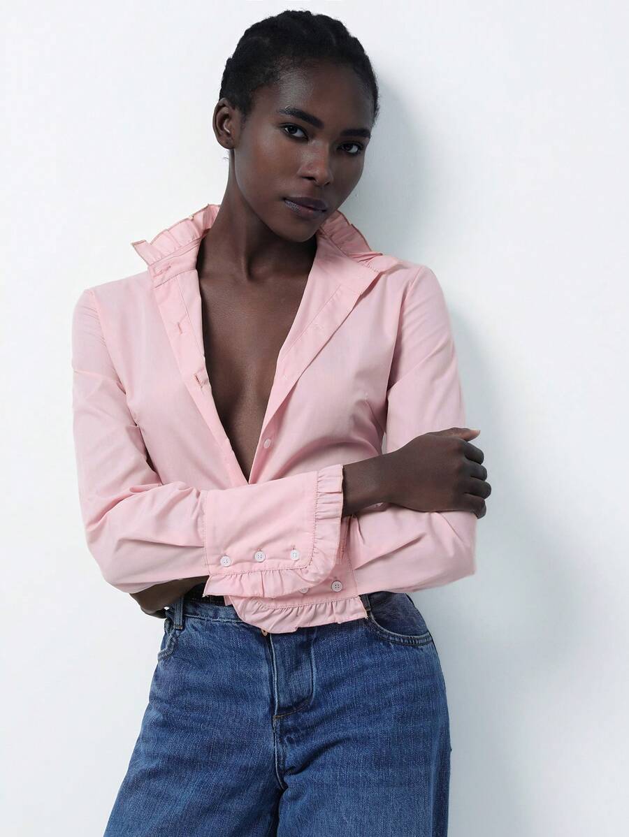 Aveloria Modichic 百搭优雅粉色领子荷叶边细节修身长袖休闲女式衬衫