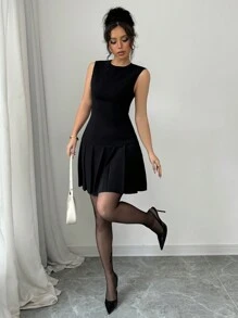 Selianne 女士优雅黑色浪漫甜美迷你褶皱连衣裙，腰部褶皱，适合独立日、毕业季，下摆褶皱连衣裙，优雅度假穿着 - 黑色 - 查看 6