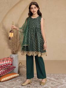 3 件套 Tween 女童绿金箔长衬衫搭配阔腿裤和闪亮围巾 3 件套，适合日常、通勤、家庭聚会和休闲度假